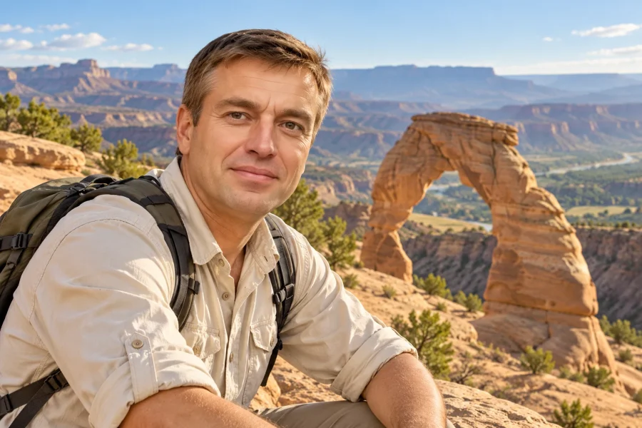 Максим Нижник у природной арки из тёплого песчаника — AI-иллюстрация